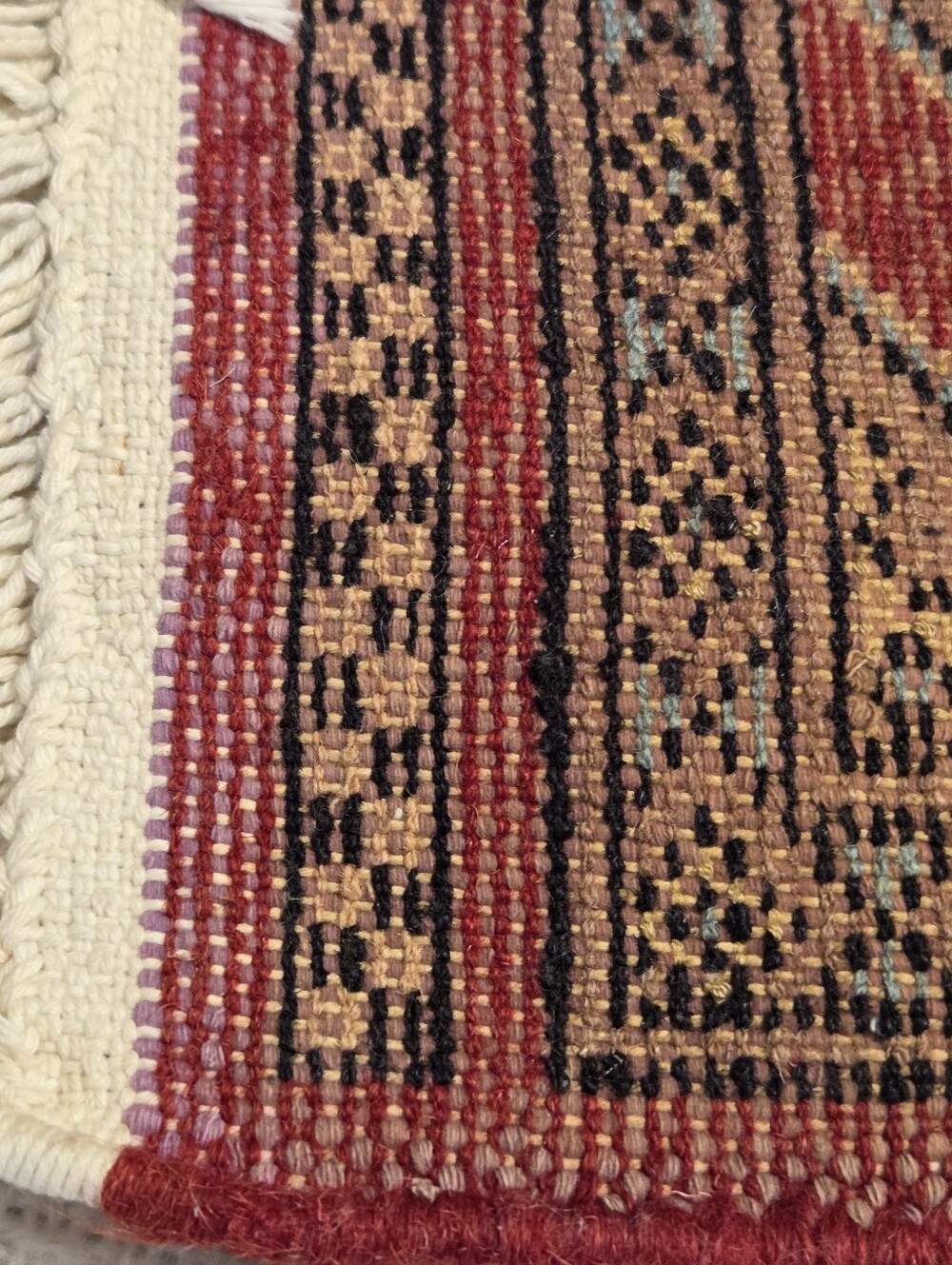 Small Wool Rug Hand Knit Persian Style 1 Square Foot Red White Fringe Bokhara - Picture 8 of 10